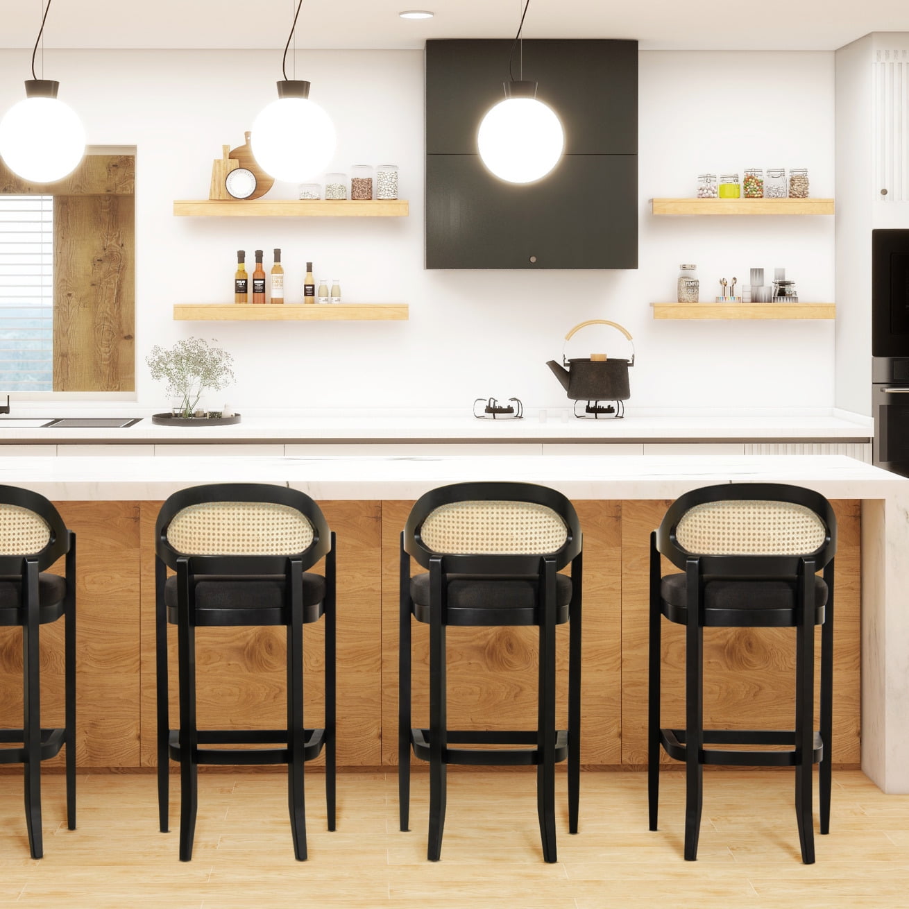 Rattan Counter Height Bar Stools Set of 2,Rattan Farmhouse Barstools with Wood Legs, Americana Mid Century Modern Bar Chairs for  Island Dining and Counter, Jet Black