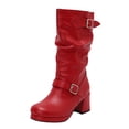 thumbnail image 7 of Platform Boots for Women Slouchy Leather Pull on Mid Calf Block Heel Dress Booties Casual Round Toe Buckle Strap Winter Long Boots Red Size 5, 7 of 7