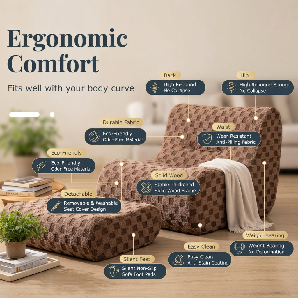 Hommoo Teddy Velvet Bean Bag Chair Set with Ottoman, High-Rebound Foam, Machine-Washable Cover, Non-Slip Base, No Assembly Needed, Brown