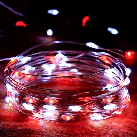 Fairy Lights EXF rojo y blanco, 16 m, 50 LED, funciona con pilas