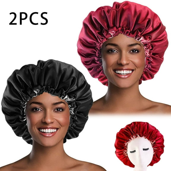 2Pcs Double-sided Satin Bonnet Cap, Oversized Silk Bonnet for Curly Hair Covers,Long Curls and Straights Hair for Women(black;wine red)