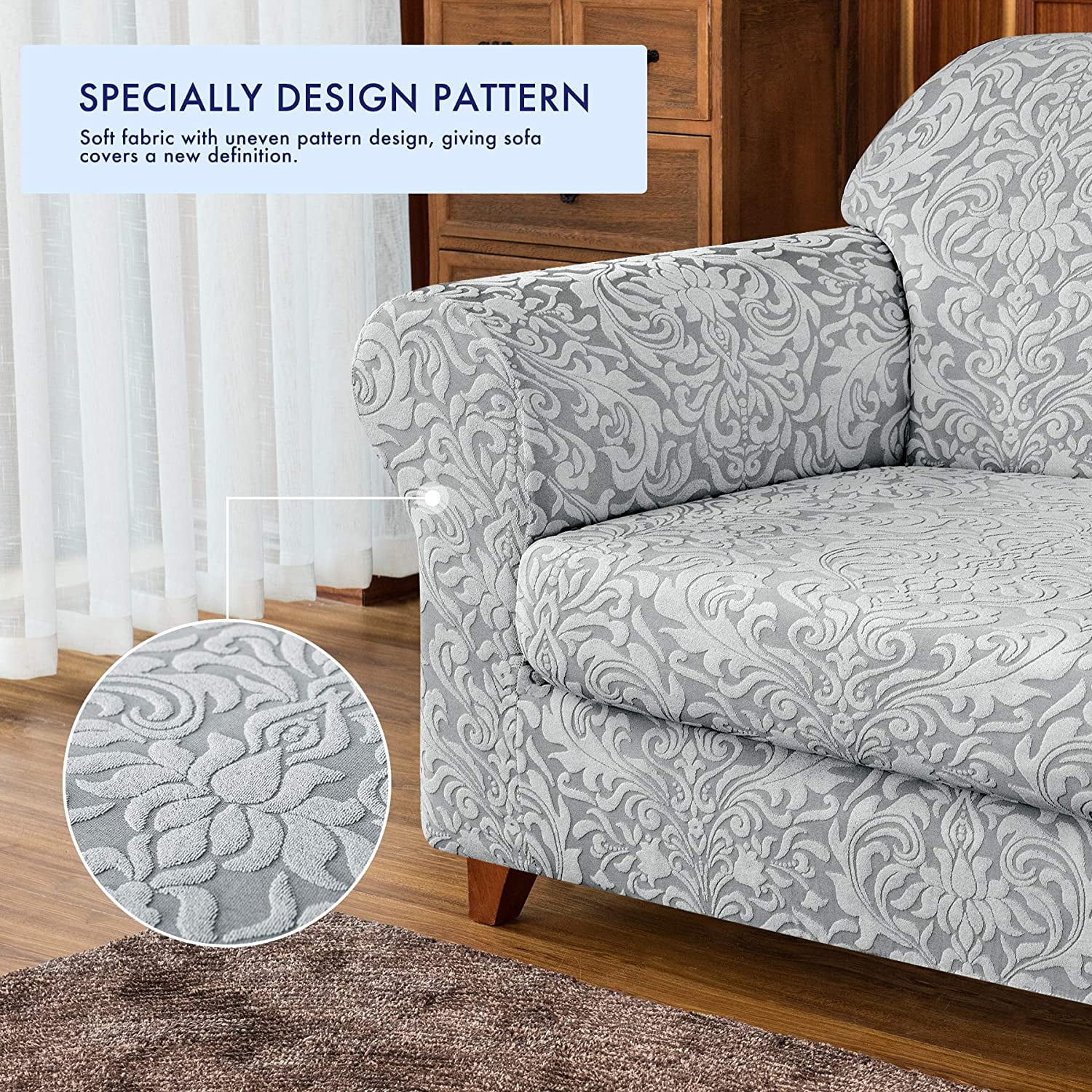 Subrtex Sofa Slipcover 2-Piece Jacquard Damask Couch Cover with Seat Cushion Stretch Furniture Protector for Armchair in Living Room for Kids, Pets (Small,Light Smoky Gray)