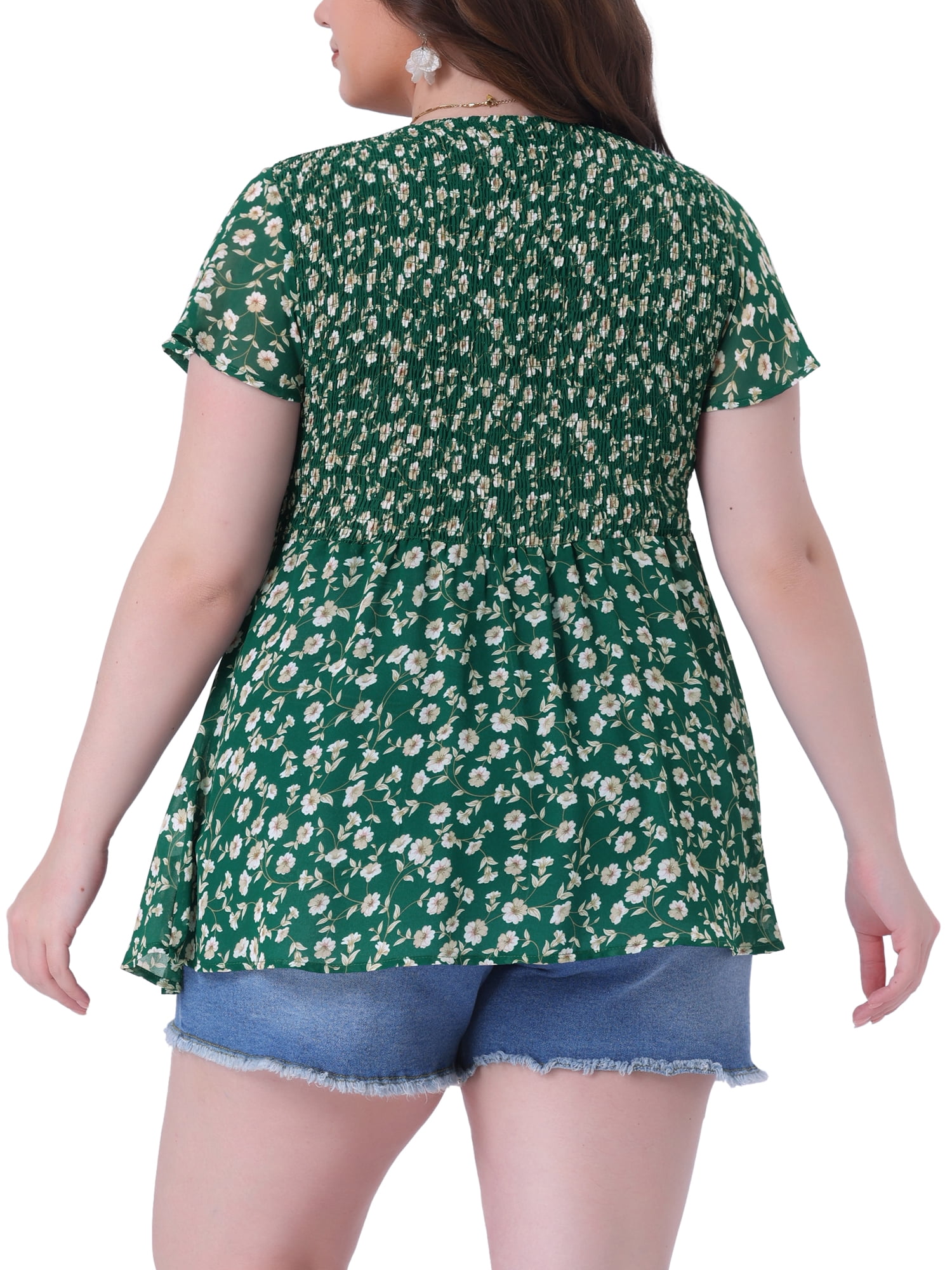 DARING DIVA Women's Plus Chiffon Flare Short Sleeves Floral Top 4X Green