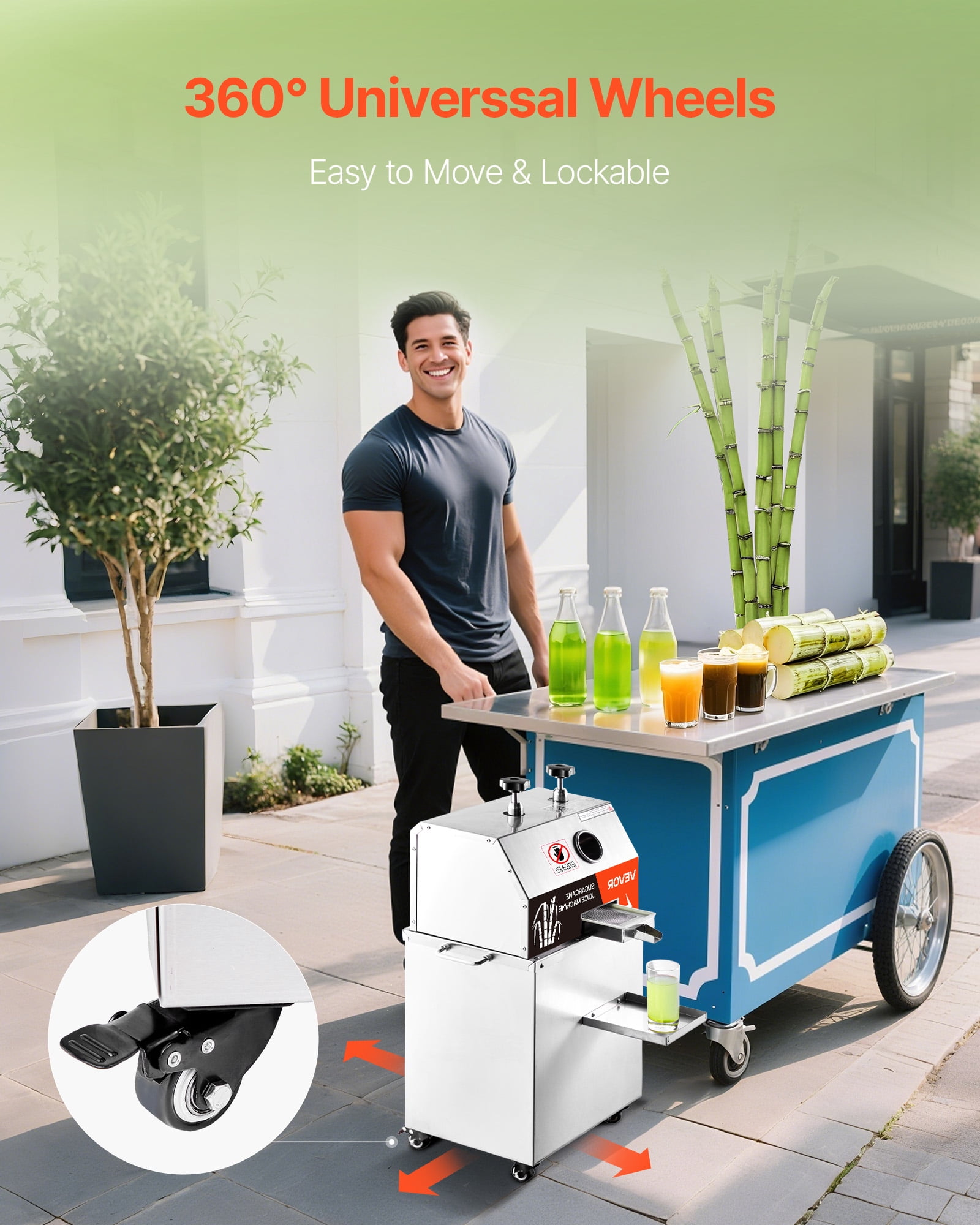 VEVOR Commercial Sugar Cane Juicer,800W Electric Sugarcane Juicer Machine with 661LBS/H High Output,3 Stainless Steel Rollers,Sugar Cane Press Juice Extractor Squeezer on Wheels for Home/Commercial