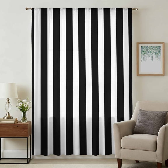 Black Striped Sheer Curtains 63 Inches Long, Modern Farmhouse Black and White Stripes Light Filering Curtains, Breathable Simi Curtain Privacy Drapes for Living Room Bedroom Window Treatment