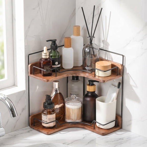 2-Tier Bathroom Counter Organizer, Wooden Corner Shelf for Vanity Countertop Skincare & Makeup, Storage and Organization for Kitchen
