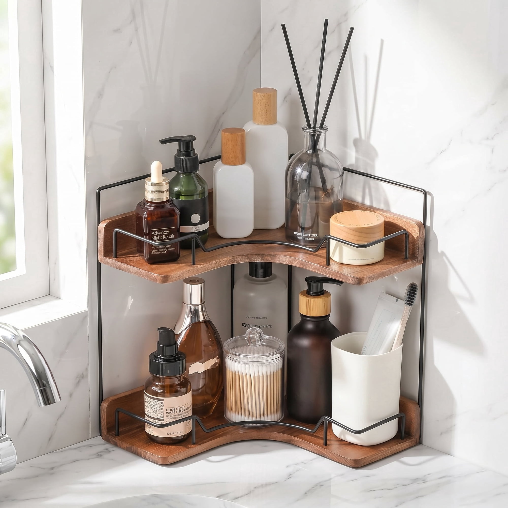 2-Tier Bathroom Counter Organizer, Wooden Corner Shelf for Vanity Countertop Skincare & Makeup, Storage and Organization for Kitchen