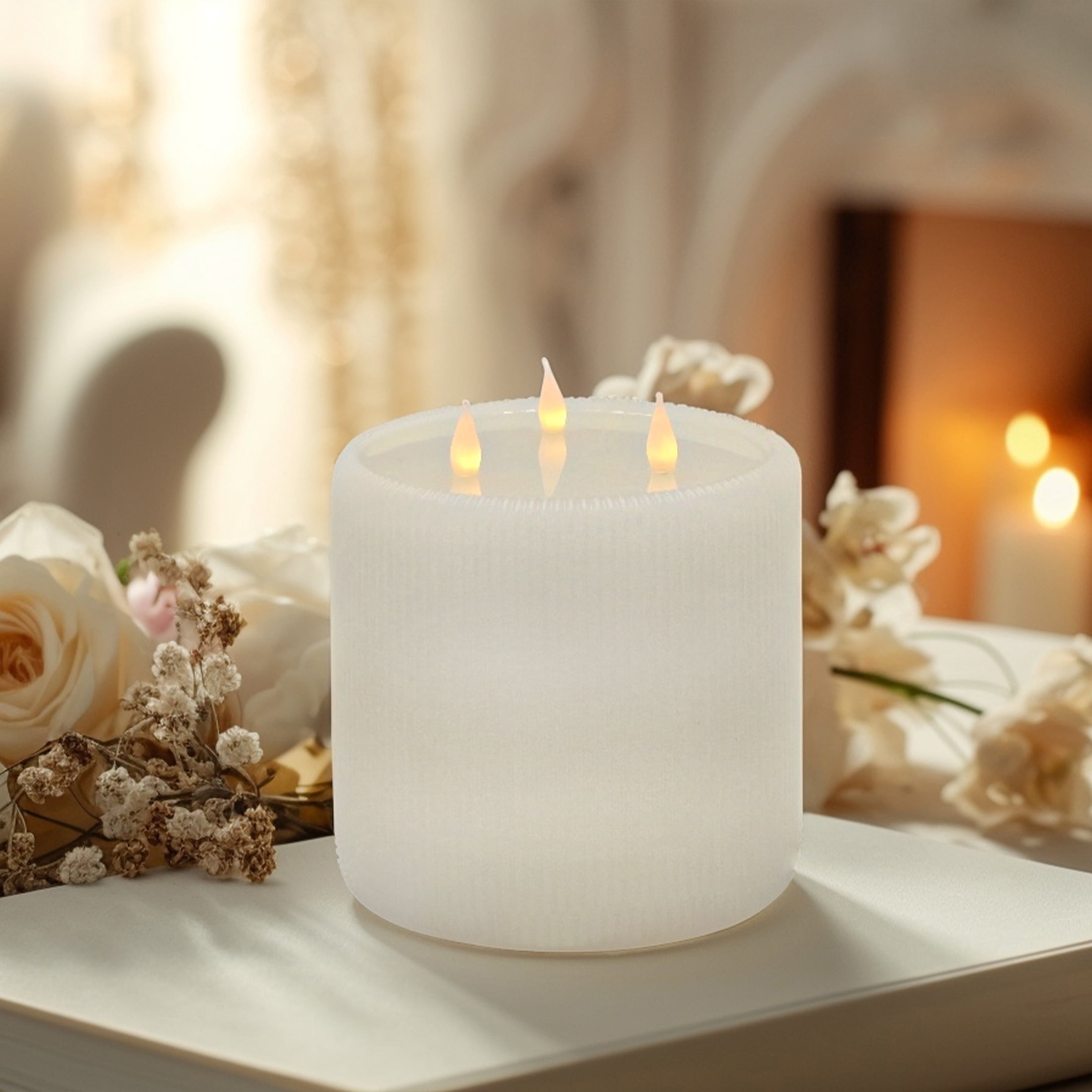 Home Decor Collection Fluted Large 3 Wick LED Flameless Candle