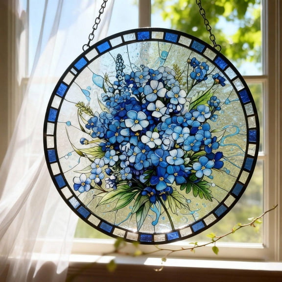 Glass Suncatcher - Forget me not Flower Window Hanging Decor, Stained Glass Style, Acrylic Suncatcher, Gift for Mom, Grandma, Flower Lovers 6 INCHES