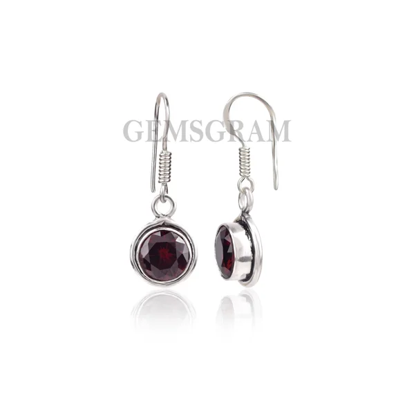 Gemsgram 925 Sterling Silver Red Garnet Dangle Earrings for Women Round Shape Gemstone Valentine Gift