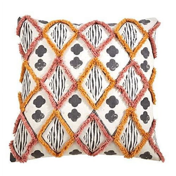 Fennco Styles Bohemian Block Print Tufted 100% Cotton Decorative Throw Pillow