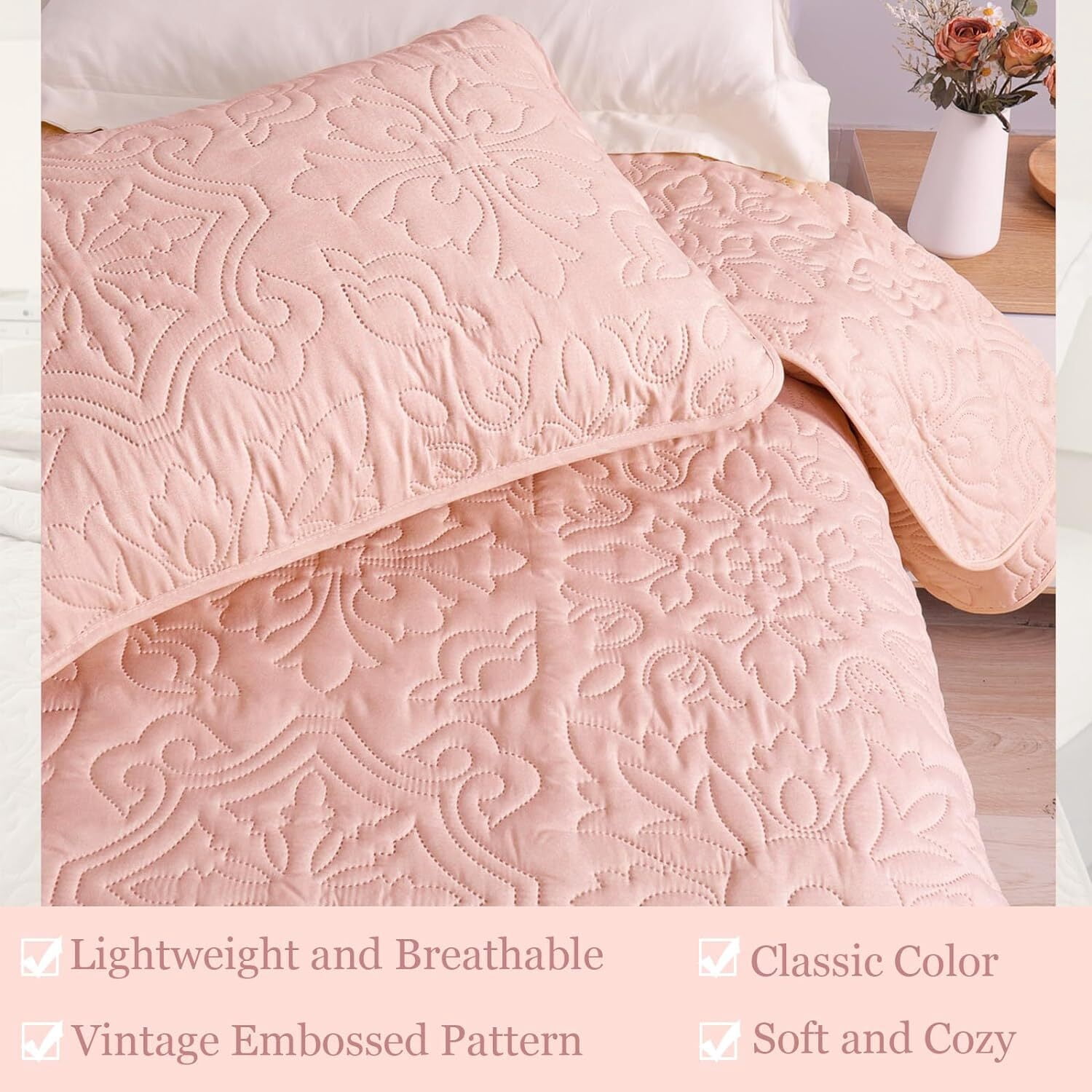 Whale Flotilla 3-Piece Queen Quilt Set, Soft Embossed Bedding Set, Lightweight Bedspread Coverlet with Damask Vintage Pattern, Reversible Bed Cover for All Seasons, BlushPink