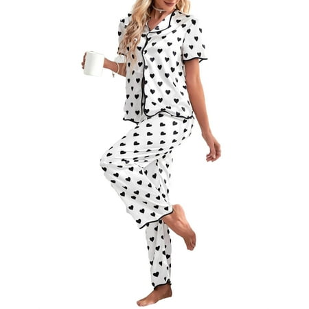 

Casual All over Floral Print Collar Pant Sets Short Sleeve Black Color Women s Pajama Sets (Women s)