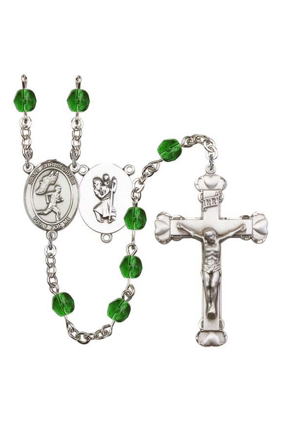 St. Christopher/Track&Field Silver-Plated Rosary 6mm May Green Fire Polished Beads Crucifix Size 1 5/8 x 1 medal charm