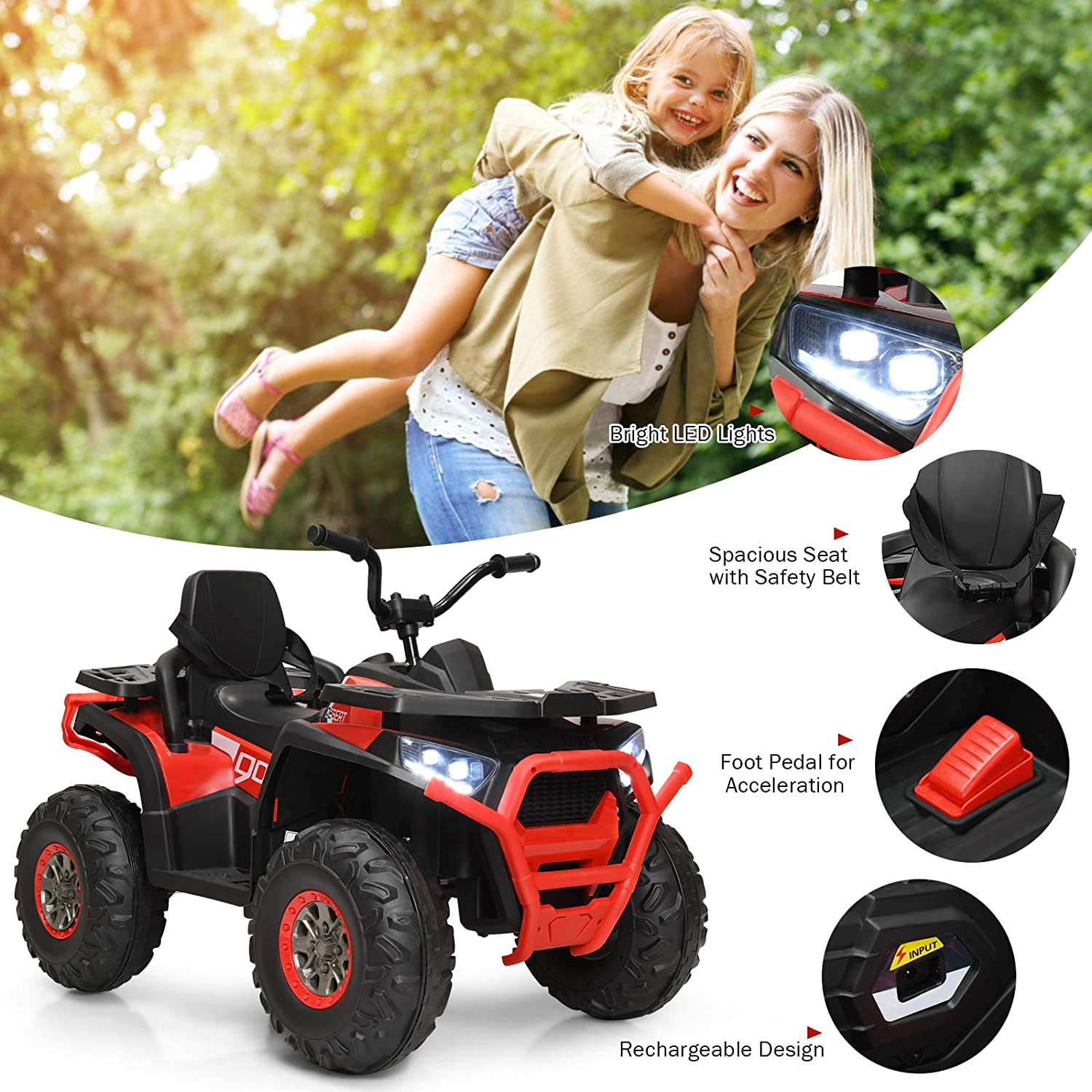 Private Jungle Ride on ATV,12V Battery Powered Electric Vehicle w/ Safety Belt,LED Lights,Horn,2 Speeds,USB/ MP3/TF,Rear Wheel Motorized Ride on 4 Wheeler Quad Car(Red)