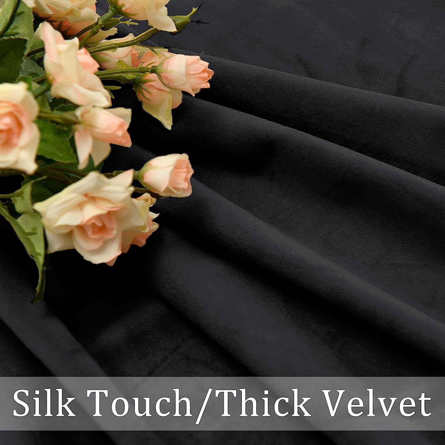 Hiasan Luxury Black Velvet Curtain with Tiebacks-Blackout Curtains for Bedroom/Living Room, Rod Pocket, 60" x 84", Set of 2