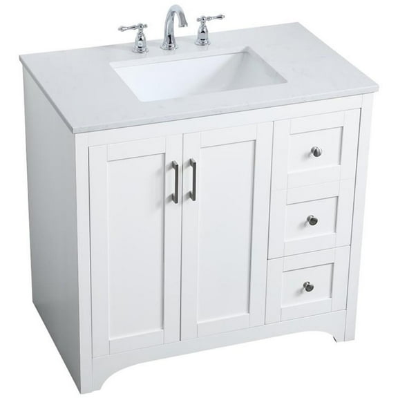 Pemberly Row Modern 36" Single Quartz Top Bathroom Vanity in White