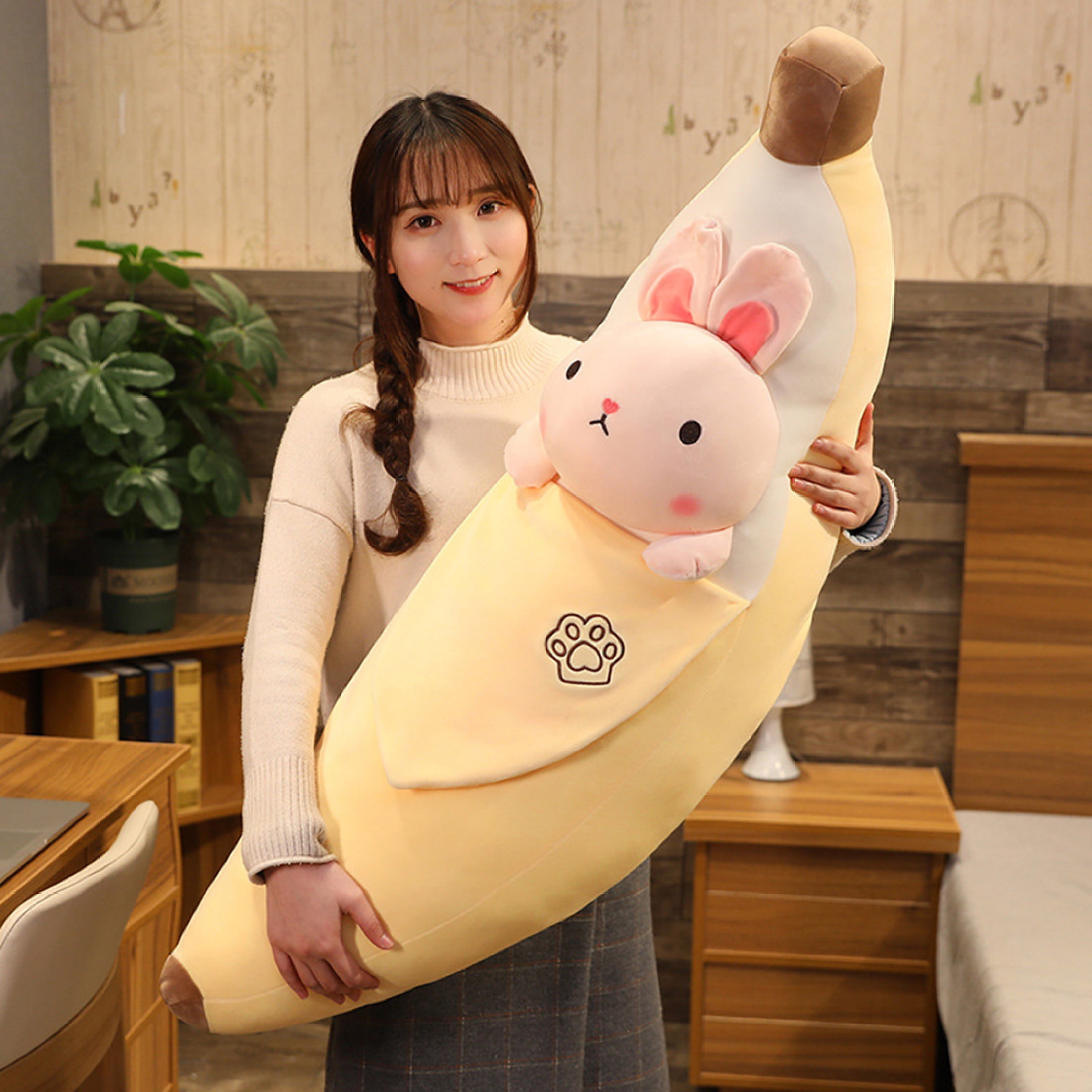 EUBUY Soft Banana Plush Toy Cute Plush Cushion Stuffed Fruit Plush Pillow  for Hugging 100CM Rabbit