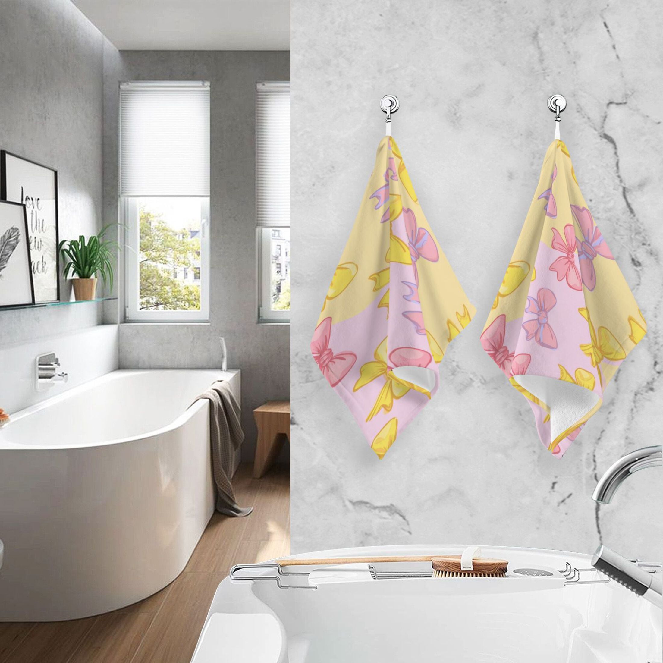2 Pcs Hand Towels Sets Yellow and Pink Bows Cotton Towel Set Absorbent Face Towel for Bathroom Kitchen Shower Hotel Decor