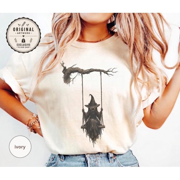 Witch Cat on Swing Shirt, Creepy Black Cat Halloween Tee, Gothic Spooky Season Gift