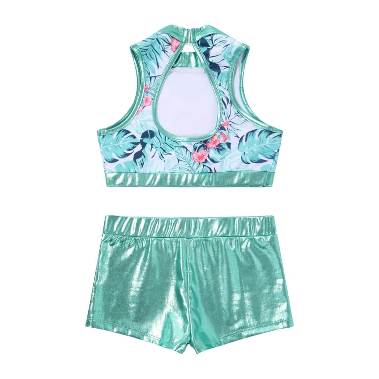 DPOIS Girls Kids Jazz Hip Hop Dancewear Shiny Sequins Crop Top Shorts Set  Blue Fish Scales 14 