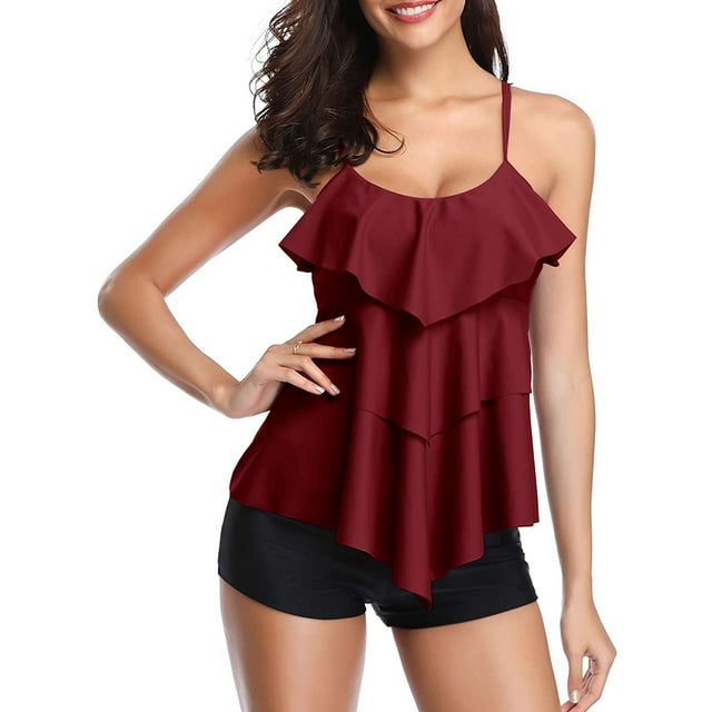 Women Tankini Swimsuits Layered Ruffle Flounce Tankini Top with Boyshorts Two Piece Bathing Suits