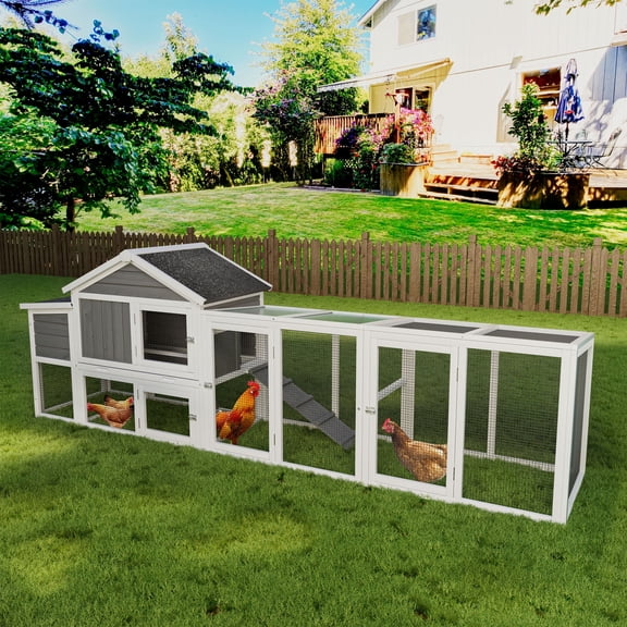 Kosynda 114"W Large Chicken Coop for 4-7 Chickens, Outdoor Wooden Hen House Poultry Cage with Nesting Box, Run, Pull Out Tray for Yard, Gray