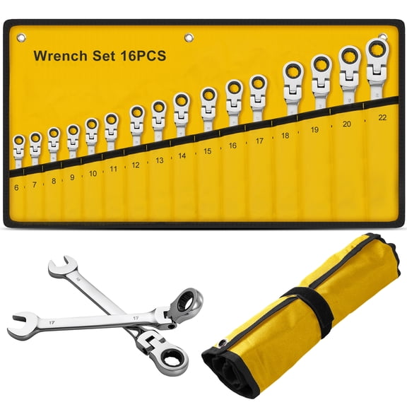 Yonopro 16Pcs Ratcheting Wrench Set, Combination Ratchet Wrench Set 6-22MM with Chrome Vanadium Steel Flex-Head & Carrying Bag