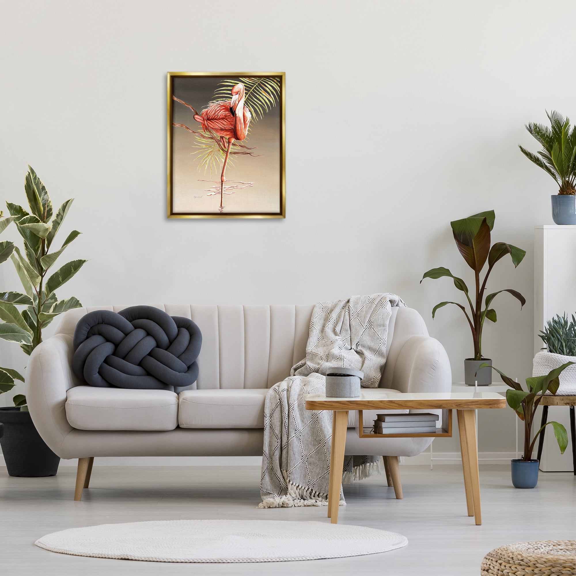Stupell Industries Flamingo Balancing with Leaf Animals & Insects Painting Gold Floater Framed Canvas Art Print Wall Art, 25 x 31