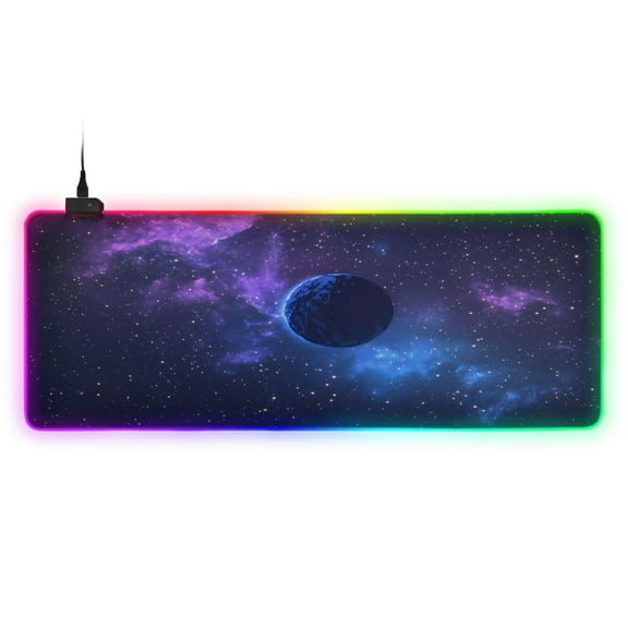 Large RGB Gaming Mouse Pad Led Glowing Mousepad Non-Slip Rubber Base 13 Light Modes 31.5x11.8 Blue Planet in Space
