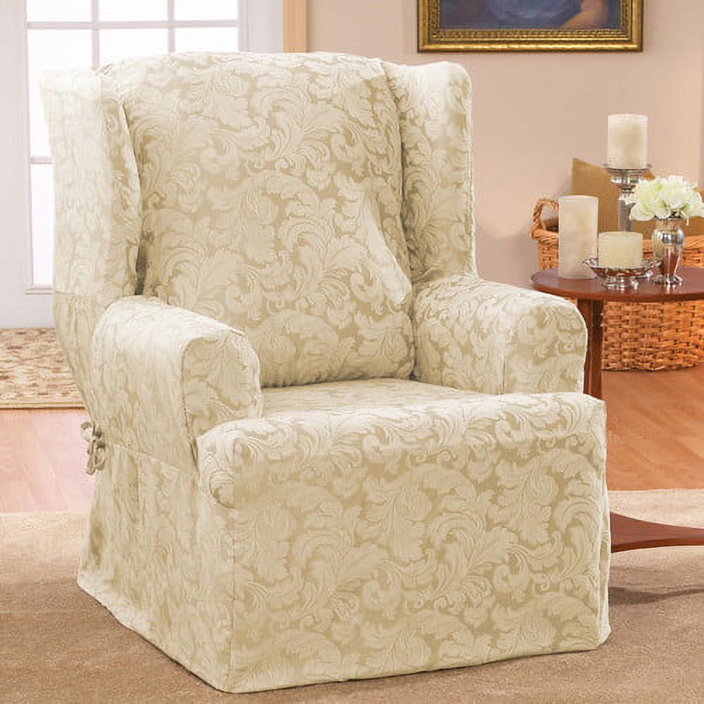 Surefit Scroll Damask Box Cushion Wing Chair One Piece Slipcover, Relaxed Fit, Cotton/Polyester, Machine Washable, Brown - image 2 of 4