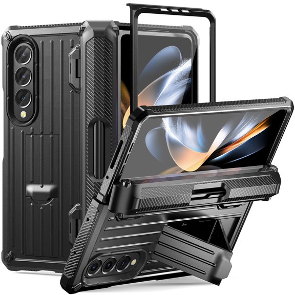 TECH CIRC Case for Samsung Galaxy Z Fold 4 Compatible with MagSafe, Heavy Duty Rugged PC Shockproof Hinge Protection Cover with Hidden Bracket Screen Protector S Pen Holder Galaxy Z Fold 4 Case,Black