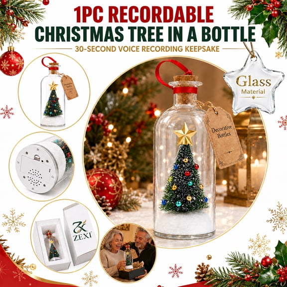 Recordable Christmas Tree in a Bottle Ornament, Record a Message 30-Second Voice Recording Keepsake, Glass Decoration with Snowy Mini Tree for Mantel