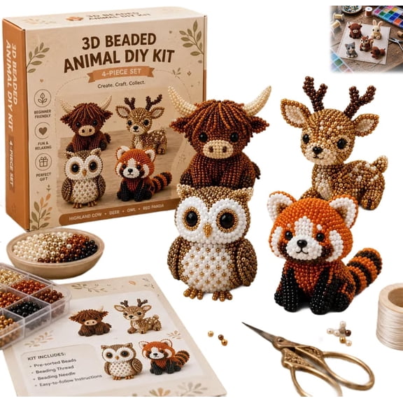 3D Beaded Animal Kit, Cute Bird & Animal Beading Embroidery Kits with 4 Cute Designs, Handmade Bead Art Mosaic Kit, Stress Relief Creative DIY Decoration Gifts for Adults Beginners