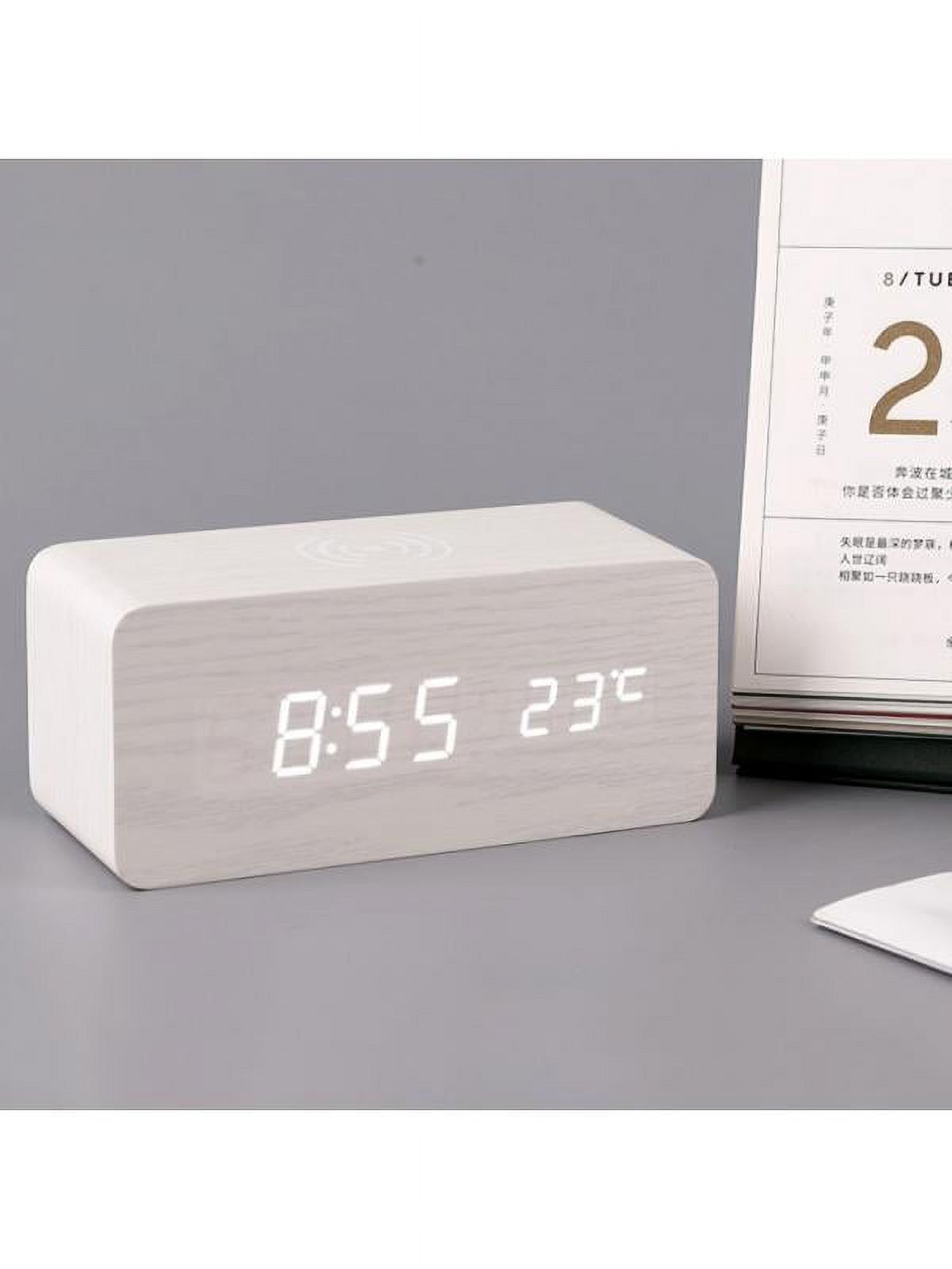 Dragonus Modern Wooden Electric Digital LED Desk Alarm Clock Thermometer Wireless Charger - image 2 of 4