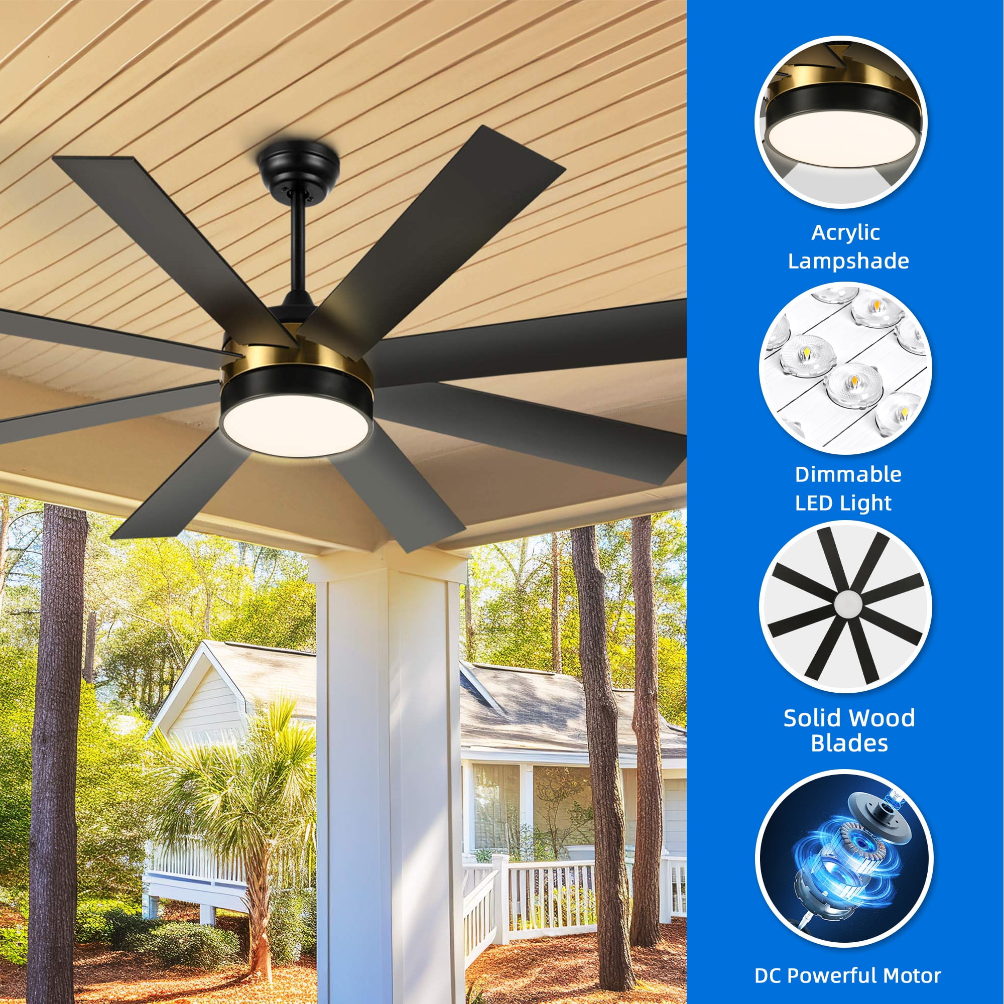 Dextrus 60 inch Modern Black Ceiling Fan with Light and Remote, DC Fanlight for Livingroom, Bedroom, 8 Blades, Reverse Airflow,6 Speeds, 3 Color Temperatures - Black & Gold