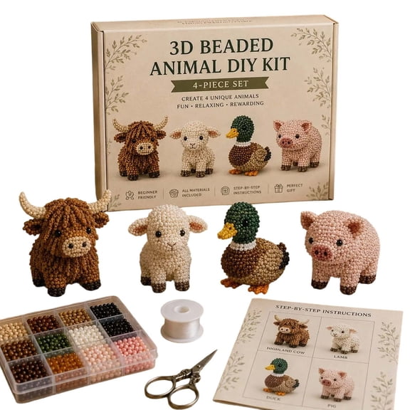 4 Pcs Beaded Animal DIY Kit, 3D Cute Animal Beading Craft Set with Tools, Beginner Gift for Teens Adults