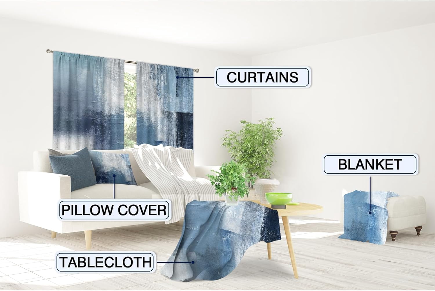 Abstract Navy Blue Curtains 42W x 63H Inch Rod Pocket Grey Art Painting Modern Contemporary Watercolor Cool Oil Print Living Room Bedroom Window Drapes Fabric 2 Panel