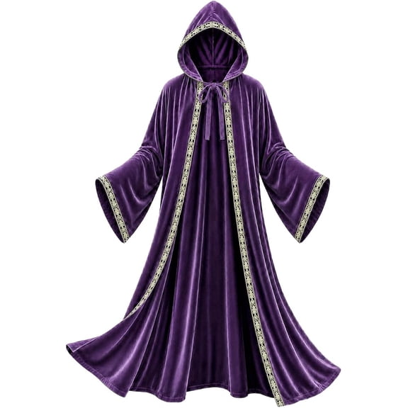 VZQI Adult Hooded Wizard Robe Costume, Velvet Cloak with Gold Trim