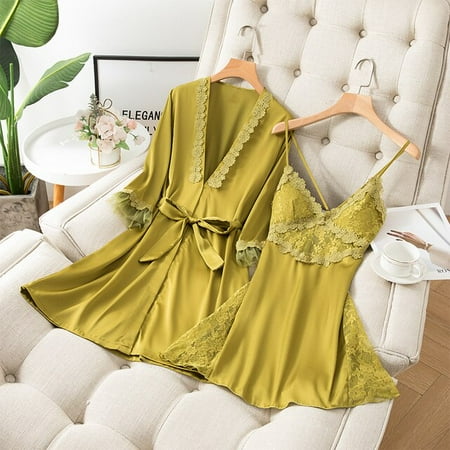

PIKADINGNIS Sexy Robes Suit Summer Women Nightgown Sets 2 Pieces Nightdress Bathrobe with Chest Pad Female Satin Kimono Bath Gown Sleepwea