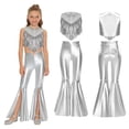 thumbnail image 2 of Aislor Girls 2 Pcs 70s Disco Outfits Metallic Gloss Sleeveless Tassels Top with Split Bell-bottom Pants Dance Outift Silver 6, 2 of 7