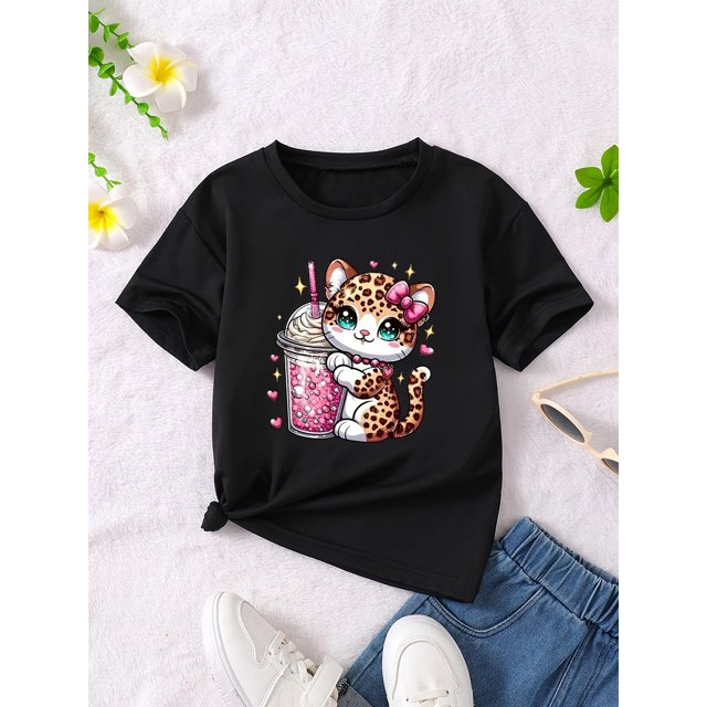 Children's T-shirt Cartoon Milk Tea Cat Print Girls Short Sleeve Summer Top