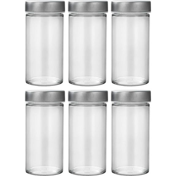 6 Pcs Glass Spice Jars/Bottles for Rotating Spice Rack-3oz Empty round Spice Containers with Airtight Metal Caps with Shaker Lids (6, Stainless Steel Lids)