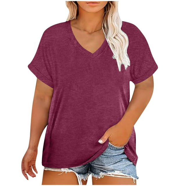 AherBiu Plus Size Womens Summer Tops V Neck Short Sleeve Loose Fitting Tops Casual Comfy Solid Color T Shirts