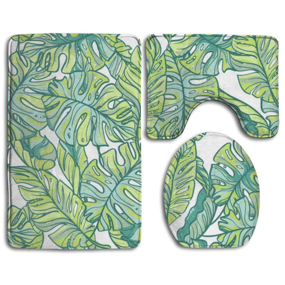 PUDMAD Tropical Leaves 3 Piece Bathroom Rugs Set Bath Rug Contour Mat