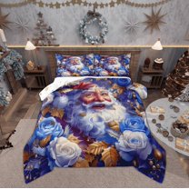 Manfei Dreamy Santa Claus Full Size Comforter Sets for Kids, Romantic Blue Rose Bedding Comforter Set, Christmas Festival Reversible Bedding Sets, Ultra Soft Home Decor, 3pcs