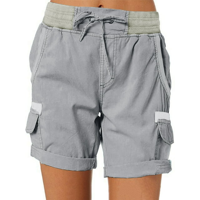 Daeful Shorts en Lin Été Décontracté Cargo Short Dames Extensible Solide Bas Ample Gris Bleu 2TG