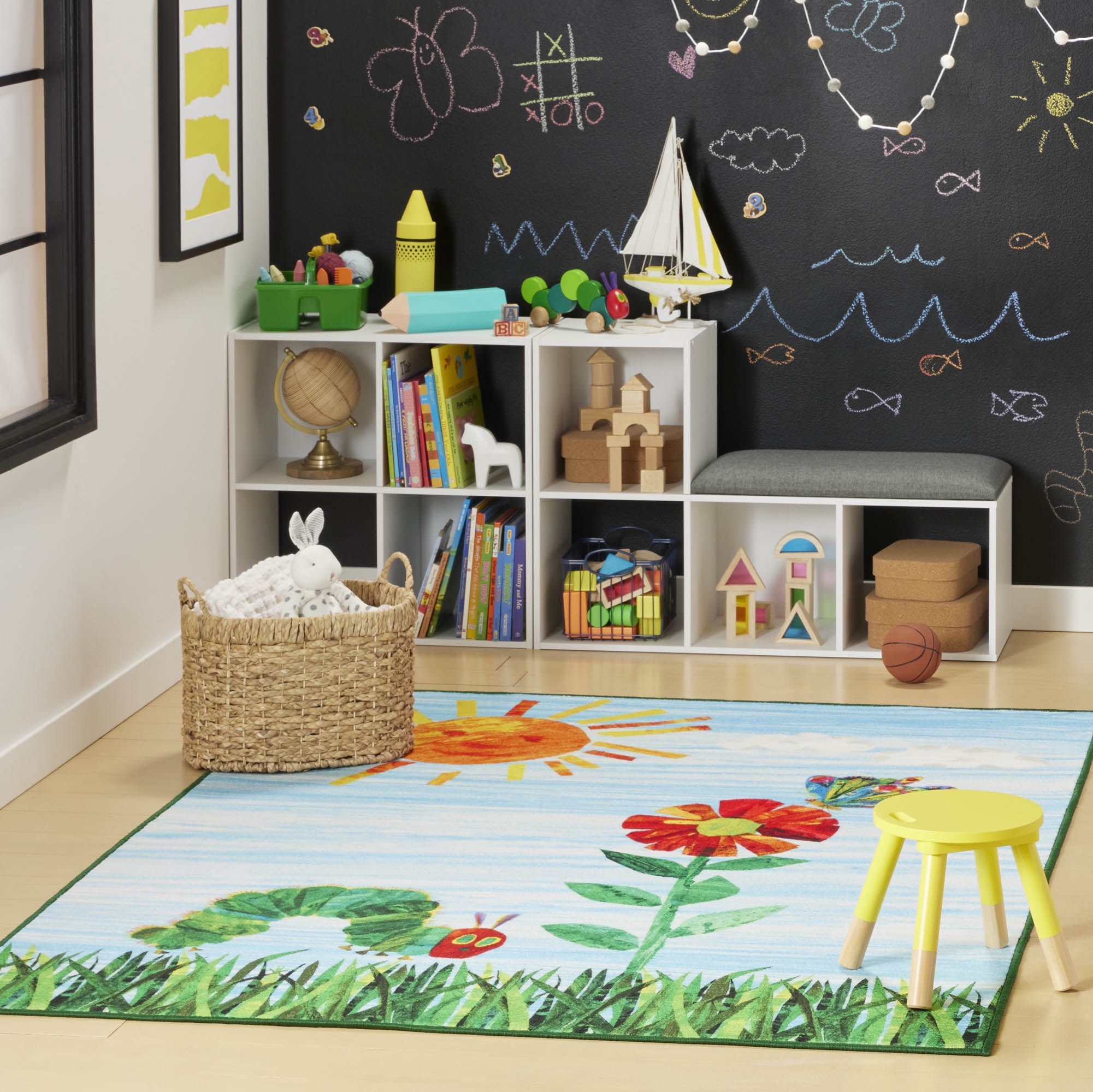 Eric Carle "The Very Hungry Caterpillar" Elementary Sun Scene Kids Machine Washable Area Rug, Blue/Green, 6'6"x9'5"