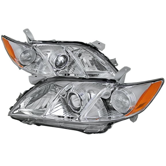Projector Headlights w/ Amber Reflectors (Chrome Housing/Clear Lens) Made for and Compatible with 2007-2009 Toyota Camry