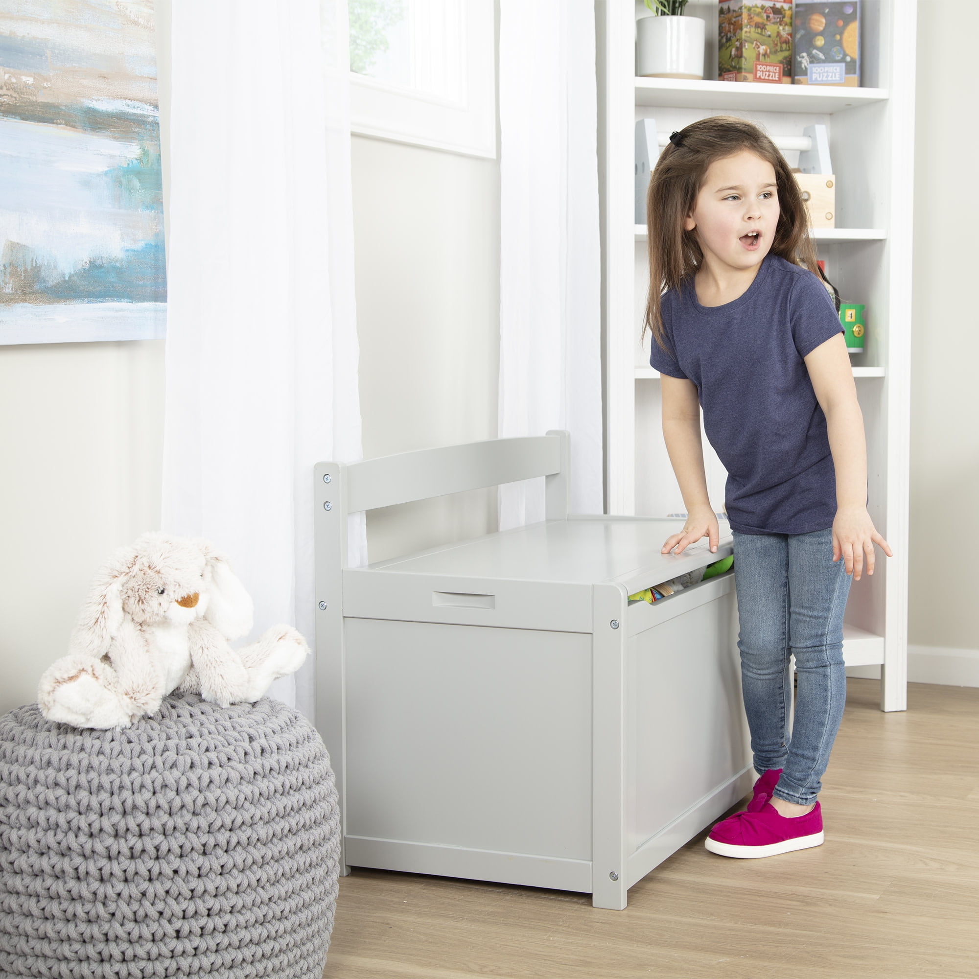 Melissa & Doug Wooden Toy Chest, Toy Storage Box (Gray) with Hinged-Lid, Playroom Furniture for Kids Ages 3+ [Wood]